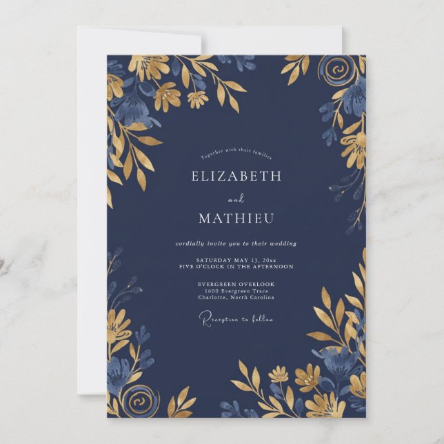 Convite Casamento Soberbo à Meia-Noite Azul-Marinho (Frente)