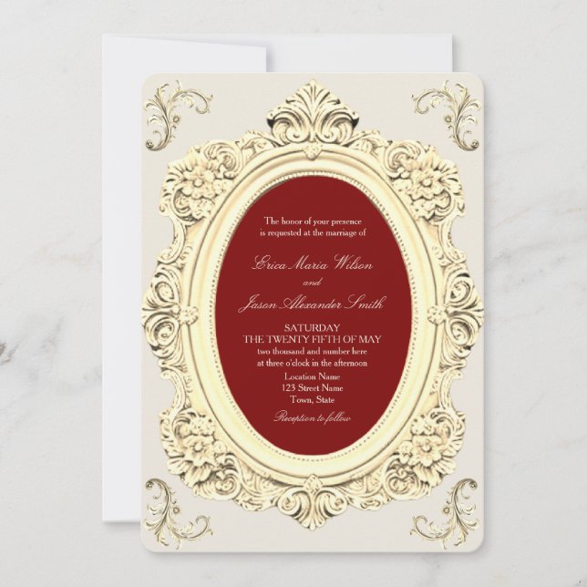 Convite Casamento Sofisticado Barroco Dourado e Borgonha (Frente)