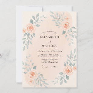 Convite Casamento Sofisticado com Folhas em Tons de Pêsseg