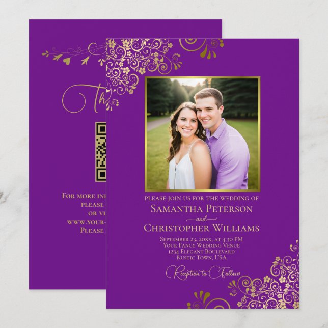 Convite Casamento sofisticado com foto e código QR roxo e  (Frente/Verso)