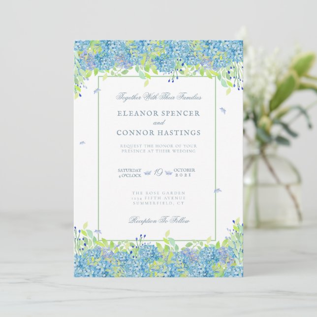 Convite Casamento sofisticado com Hydrangea Azul (Em pé/Frente)