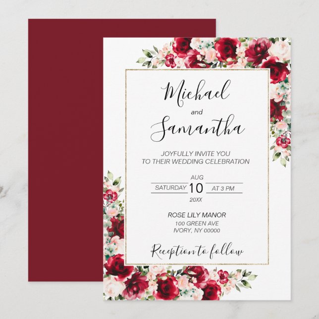 Convite Casamento Sofisticado com Rosas Vermelhas e Bege R (Frente/Verso)