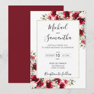 Convite Casamento Sofisticado com Rosas Vermelhas e Bege R