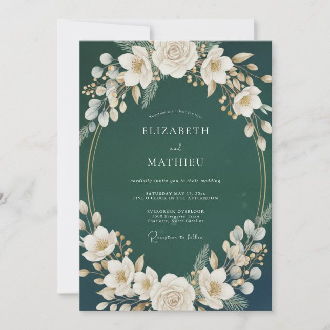 Convite Casamento Sofisticado de Inverno com Verde Florest (Frente)