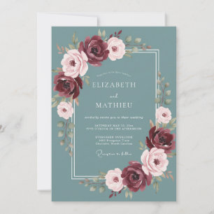 Convite Casamento Sofisticado de Inverno em Verde Azul e B