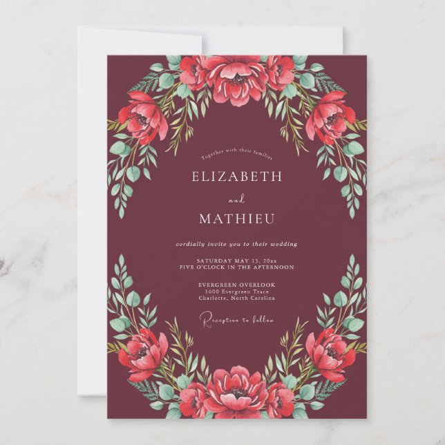 Convite Casamento Sofisticado de Outono Marrom-Vermelho (Frente)