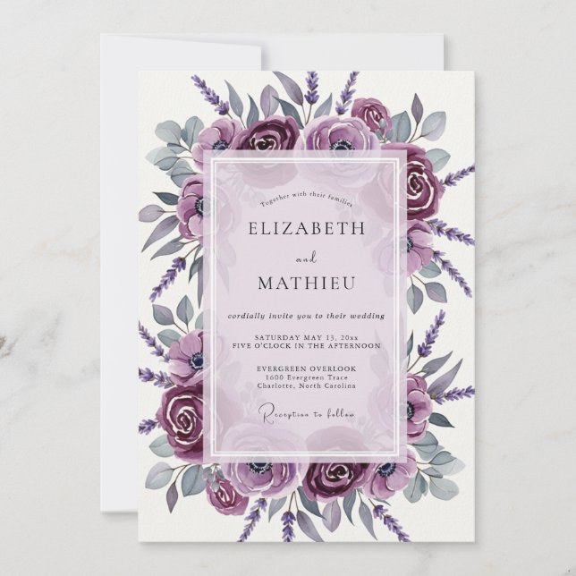 Convite Casamento Sofisticado de Primavera em Tons de Malv (Frente)