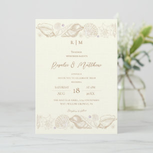 Convite Casamento Sofisticado Dourado Conchas e Marfim Cos