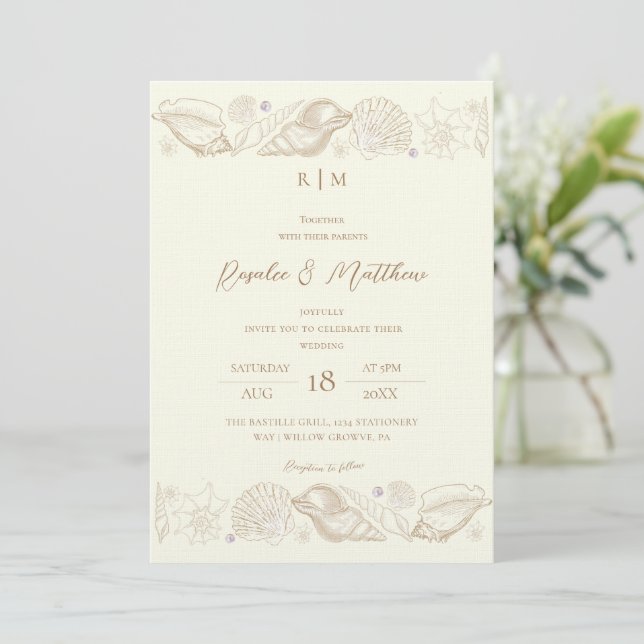Convite Casamento Sofisticado Dourado Conchas e Marfim Cos (Em pé/Frente)
