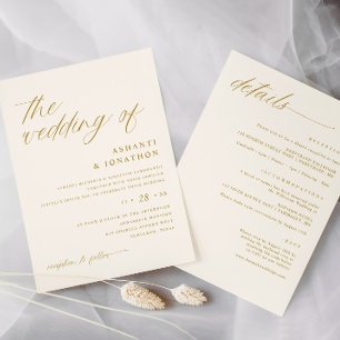 Convite Casamento Sofisticado Dourado Marfim Tudo em Um