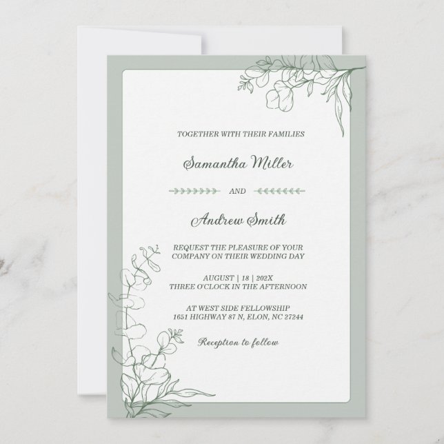 Convite Casamento sofisticado em verde sálvia (Frente)