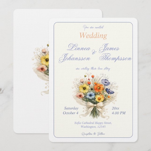 Convite Casamento Sofisticado Neutro Elegante Marfim Azul  (Frente/Verso)
