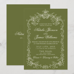 Convite Casamento sofisticado vintage azeitona verde dinhe