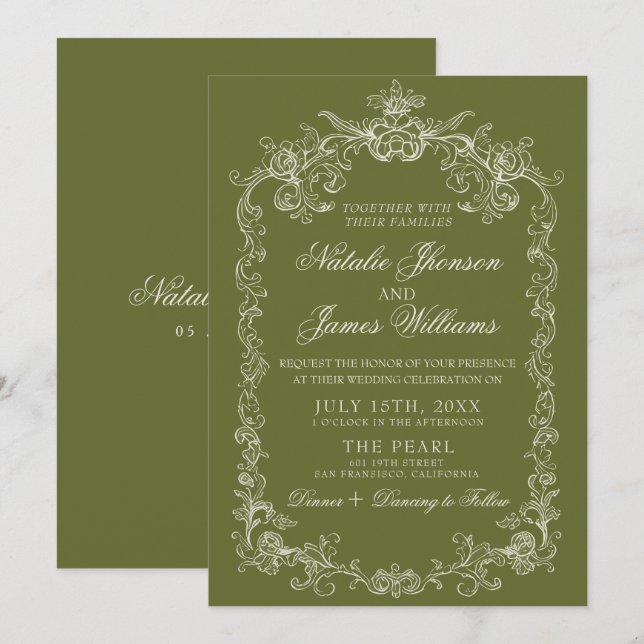 Convite Casamento sofisticado vintage azeitona verde dinhe (Frente/Verso)