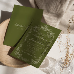 Convite Casamento sofisticado vintage azeitona verde dinhe