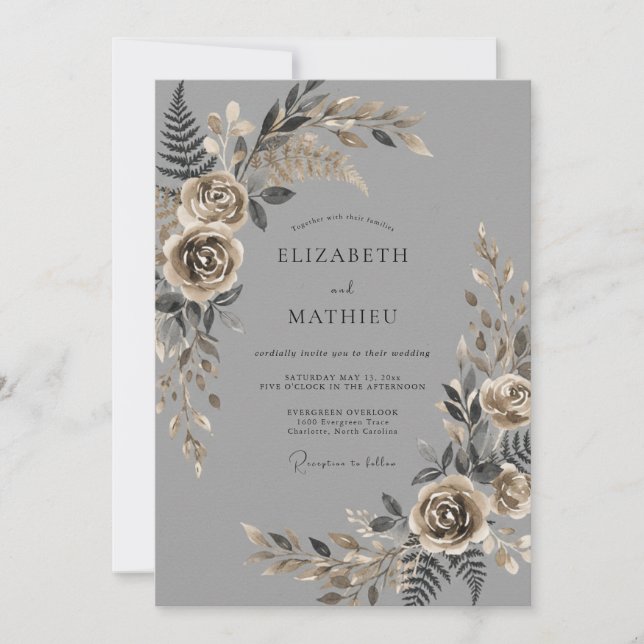 Convite Casamento Sofisticado Vintage Carvão (Frente)