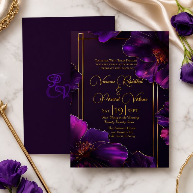 Convite Casamento Sofisticado Violeta Luminoso Roxo Dourad (Sophisticated Luminous Violets Purple and Gold Wedding Invitation )
