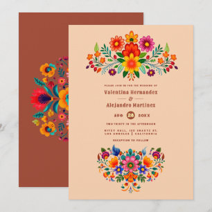 Convite Casamento Soft Peach & Red Clay Folk Art Fiesta
