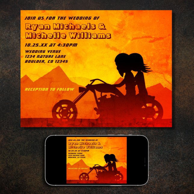 Convite Casamento Solar Da Montanha Do Casal De Motociclet (Printed and Digital Motorcycle Couple Mountain Sunset Wedding Invitation)