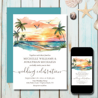 Convite Casamento Solar da Praia Tropical de Watercolor