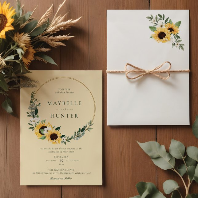 Convite Casamento Solar de Girassol com Cor Amarela (Yellow Watercolor Sunflower Country Wreath Wedding Invitation)