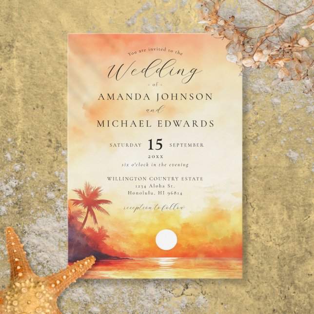 Convite Casamento Solar Laranja Praia Laranja Elegante de  (Watercolor Elegant Orange Beach Sunset Wedding Invitation)