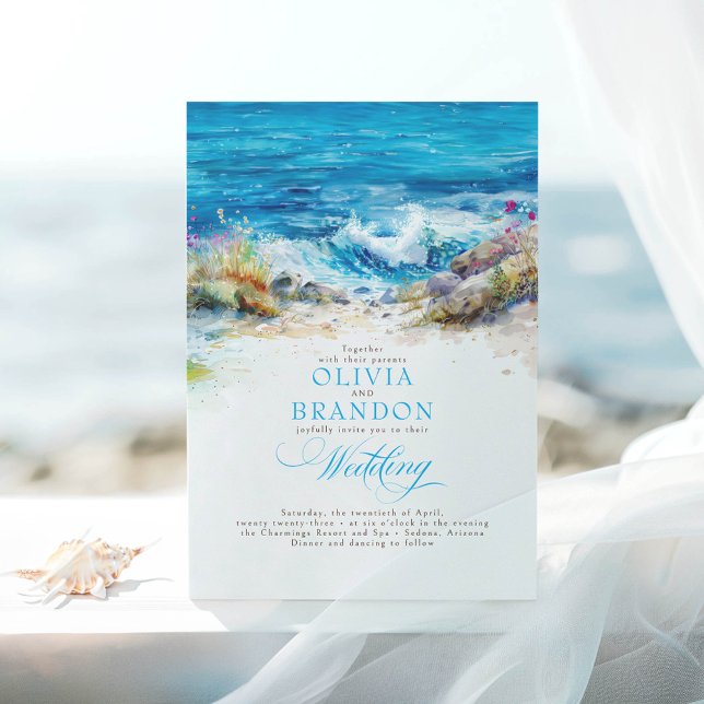 Convite Casamento Solarino Romântico das Ondas do Oceano o (Seaside Wedding Invitations)