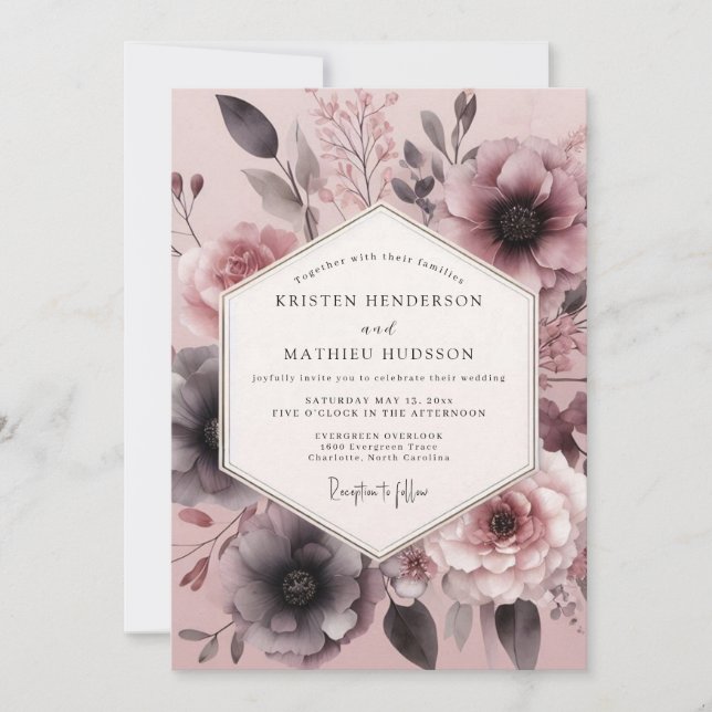 Convite Casamento Somber Bloom Rosa Empoeirado (Frente)