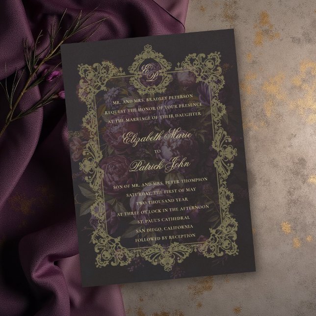 Convite Casamento Sombrio com Crista Botânica de Renda Vit (moody wedding invitation victorian antique lace crest dark burgundy purple peony floral gold)