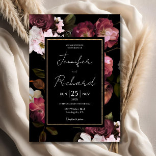 Convite Casamento Sombrio Elegante Flores Roxas Preto