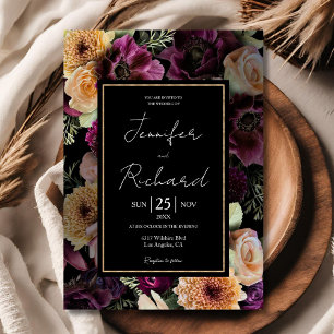 Convite Casamento Sombrio Roxo Flores Preto Dourado