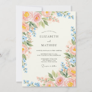 Convite Casamento Sonhado de Primavera com Rosa Suave e Az
