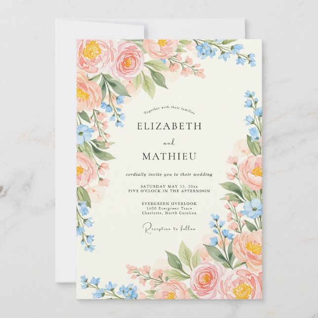 Convite Casamento Sonhado de Primavera com Rosa Suave e Az (Frente)