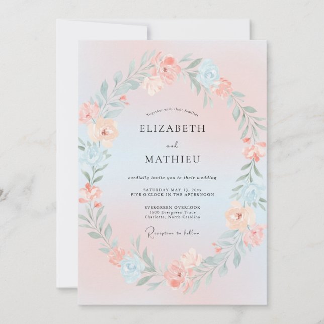 Convite Casamento Sonhado de Primavera Rosa Azul (Frente)