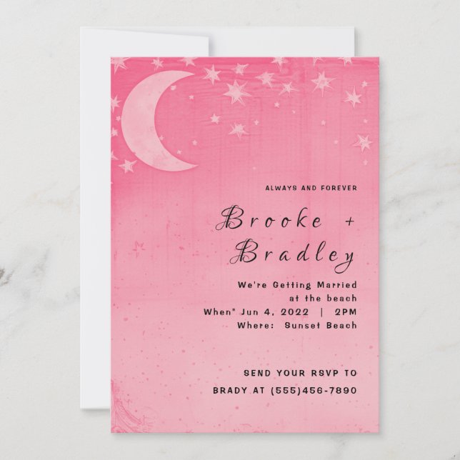 Convite Casamento Sonhador com Lua Crescente Rosa e Celest (Frente)