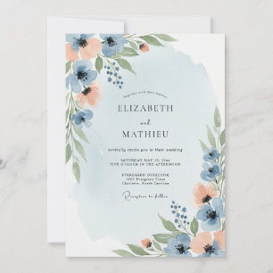 Convite Casamento Sonhador de Primavera em Azul Desbotado
