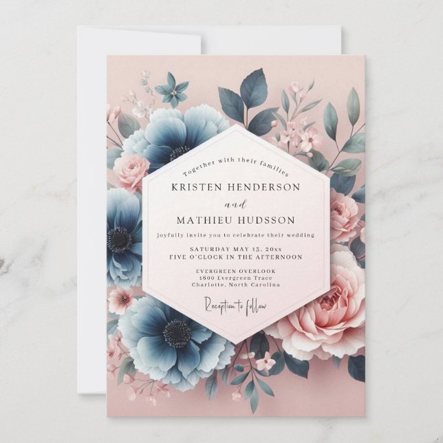 Convite Casamento Sonho Aquarela Azul Rosa (Frente)