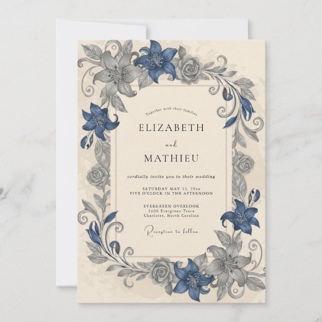 Convite Casamento Steel Indigo Lily (Frente)