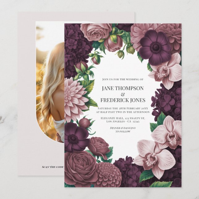 Convite Casamento Storm Plum, Graphite Rose & Antique Blus (Frente/Verso)