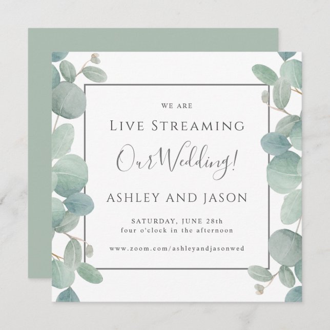 Convite Casamento Streaming Live Eucalyptus Watercolor (Frente/Verso)
