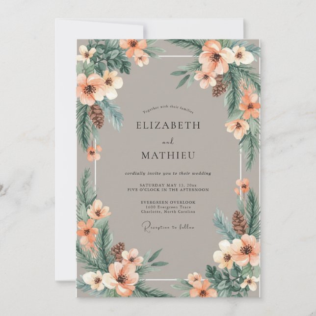 Convite Casamento Suave de Pêssego e Pinheiro (Frente)
