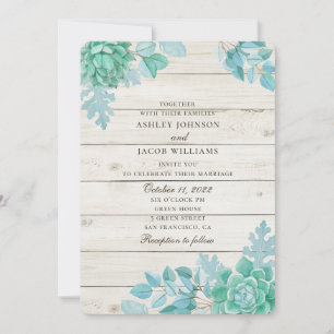 Convite Casamento suculento de celeiro de madeira. Mint ca
