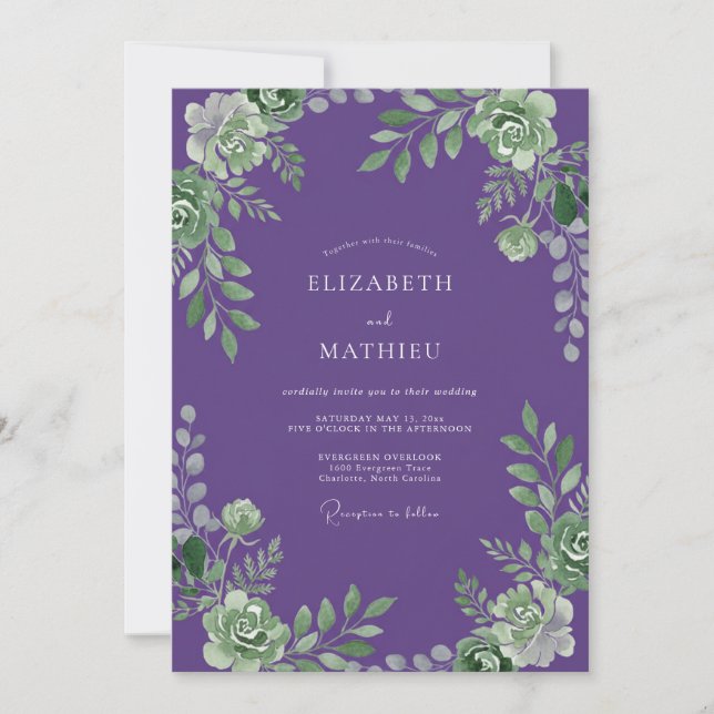 Convite Casamento Suculento Roxo Verdejante (Frente)