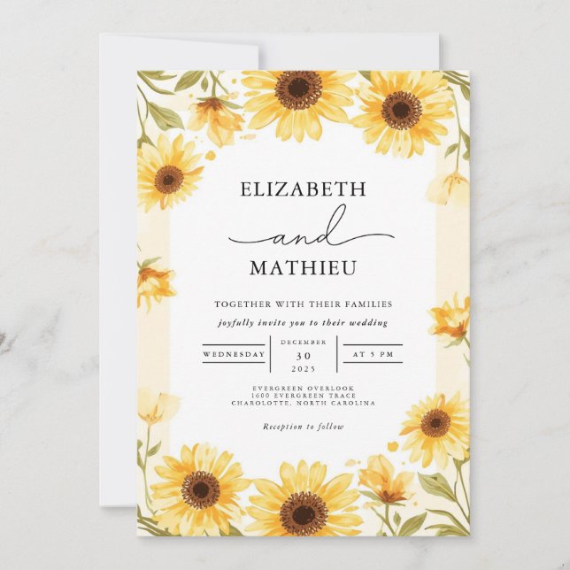 Convite Casamento Sunny Sunflower Border (Frente)