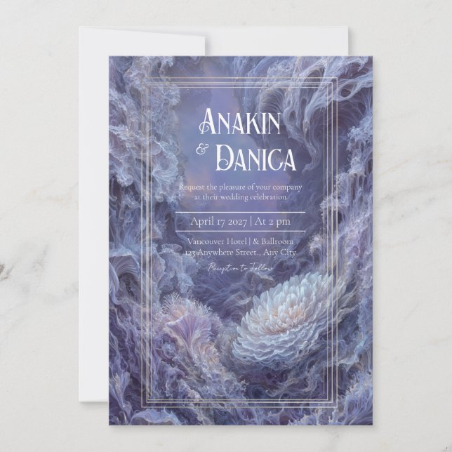 Convite Casamento Surreal Fantasia Roxo Branco Dourado Mág (Frente)