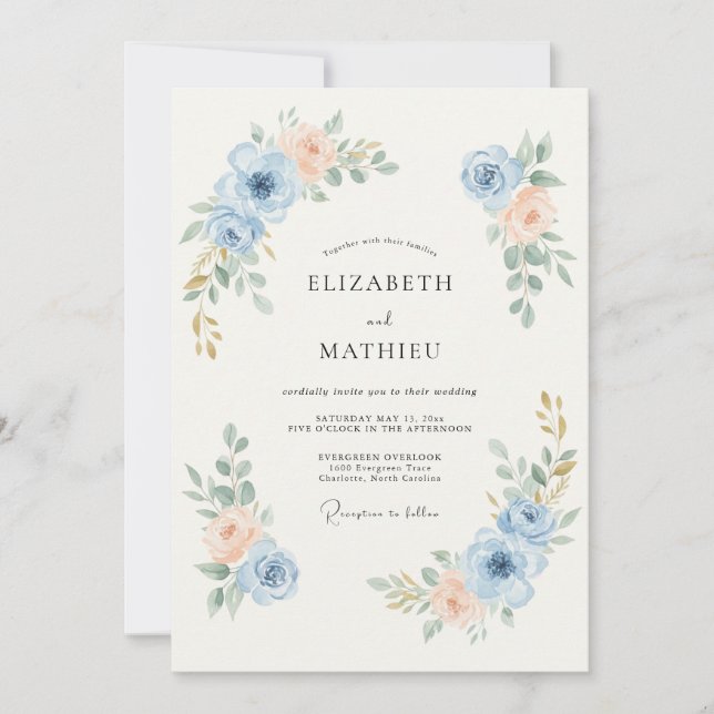 Convite Casamento Sutil de Azul Empoeirado na Primavera (Frente)