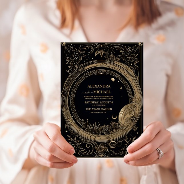 Convite Casamento Tarot Preto e Dourado Místico (Criador carregado)
