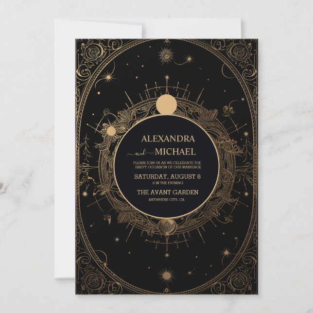Convite Casamento Tarot Preto e Dourado Místico (Frente)