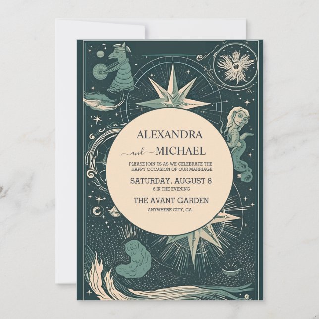 Convite Casamento Tarot Verde Prata Elegante (Frente)