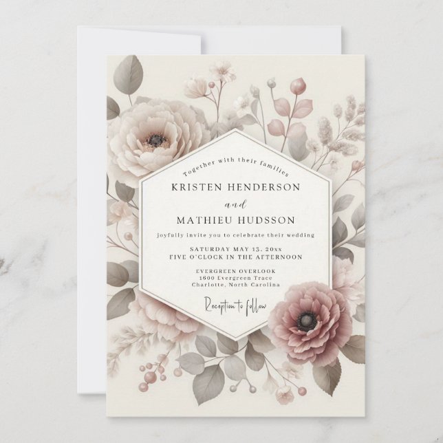 Convite Casamento Taupe Antique Bloom (Frente)